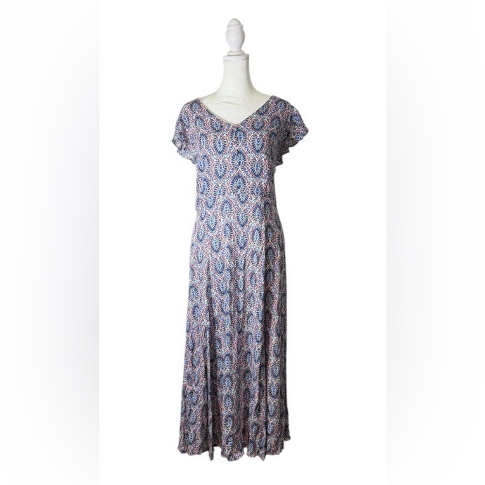 Scoop Blue Multicolor Printed V-Neck Flutter Sleeve Maxi Dress. Size L.